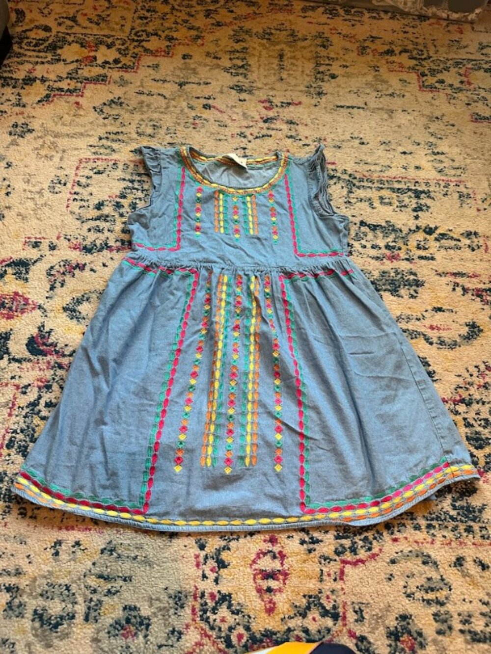 Savanna Jane Colorful Embroidered Chambray Boho Babydoll Dress - S - Picture 3 of 8